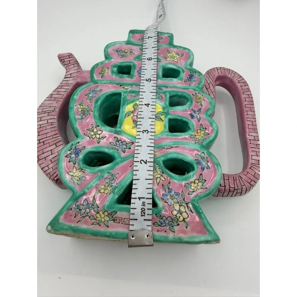 Vintage Chinese Porcelain Planter Teapot Style Pink Green Floral Decor